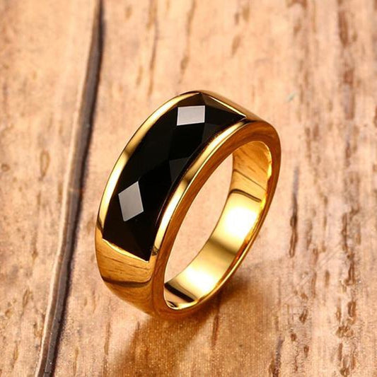 Men's black + gold ring - Carnelian stone