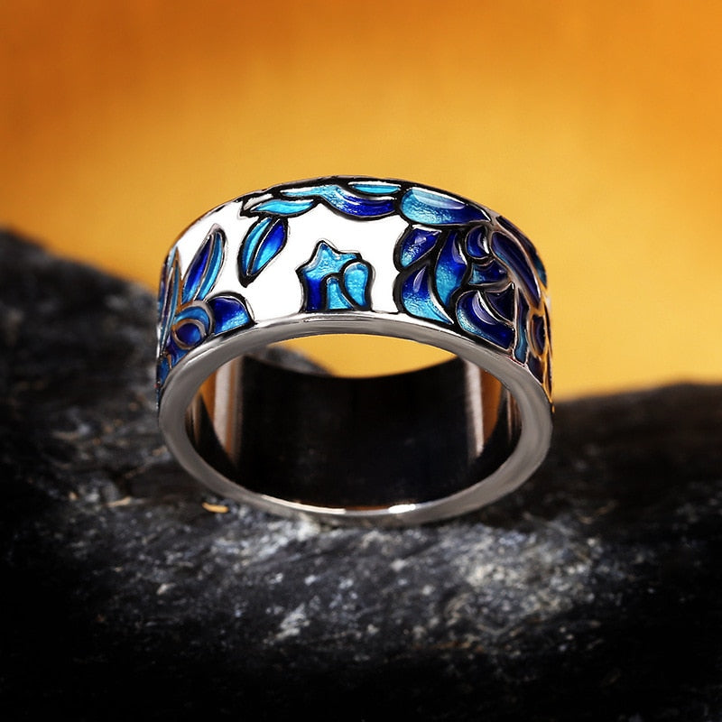 Enamel Ring - Blue + White